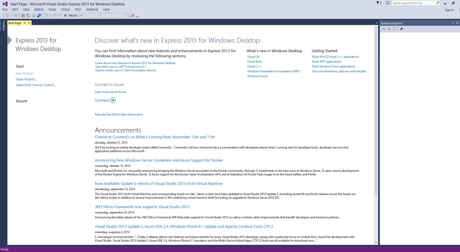Startscherm Visual Studio 2013