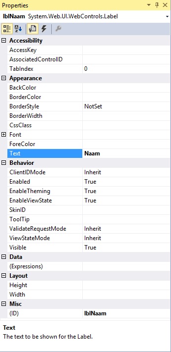 Figuur 15.10 Visual Studio: Properties van servercontrol label